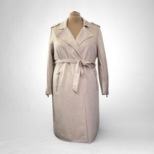 MAGASHCONI Womens Trench Belted Faux Suede Leather Beige Coat, NEW Size 1X